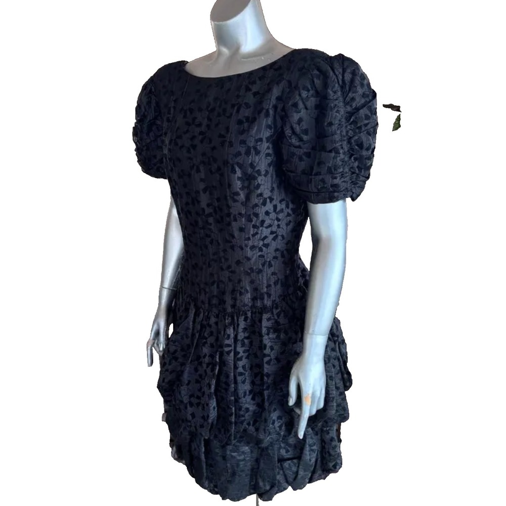 Lillie Rubin Tiered Bubble Dress Embossed Velvet Bows Women's XS/S Black NEW